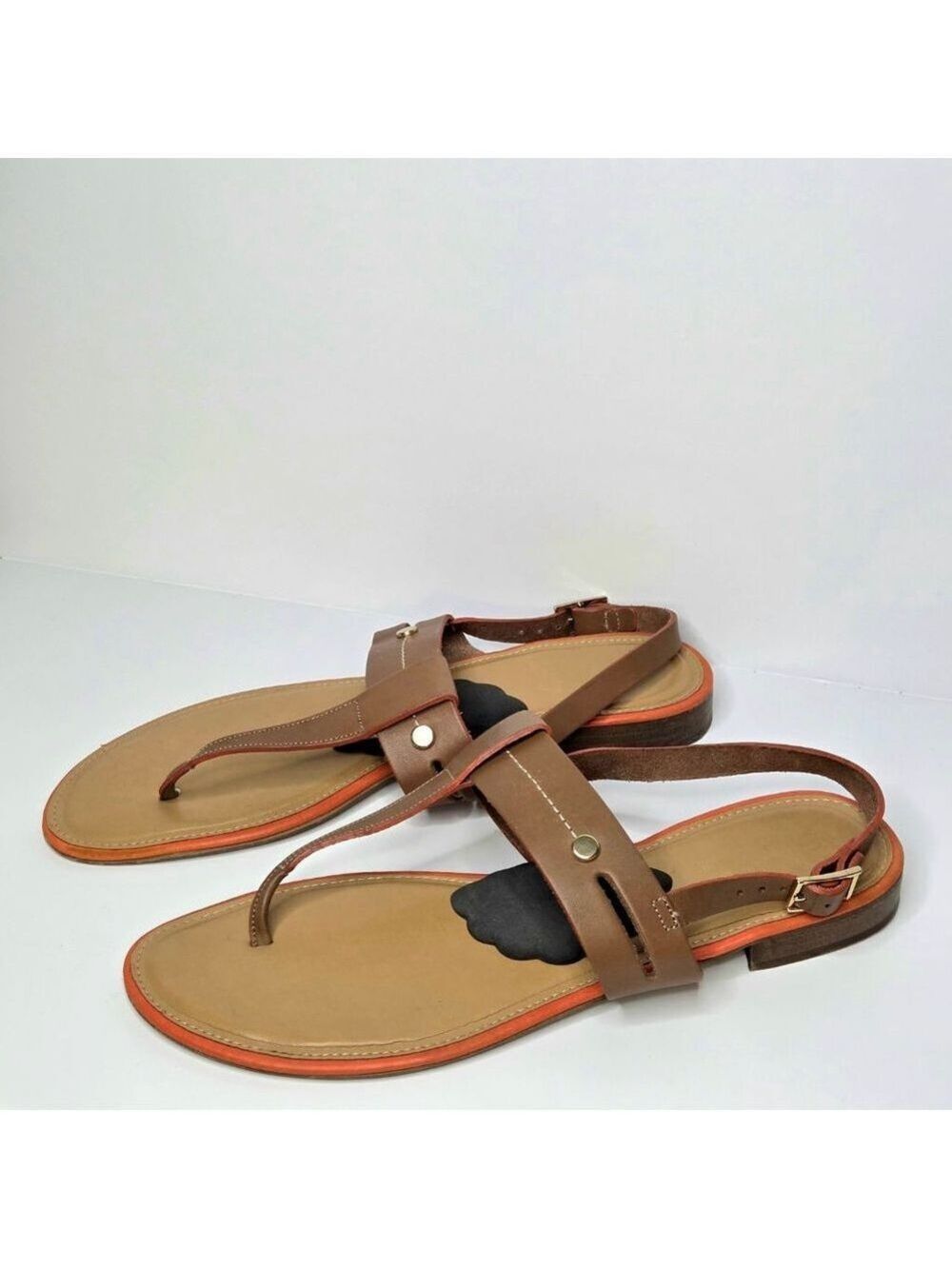 Coach and Four Italy Brown & Orange Leather T Bar Thong Sandals Women's Size 10